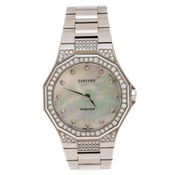 Pre Owned Concord Mother of Pearl Stainless Steel Diamond Mariner 14 E6 1850.1 S Women's Wristwatch 30 mm