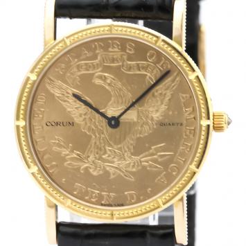 Pre Owned Corum 18K Yellow Gold and Leather Coin Watch Quartz Women's Wristwatch 28MM