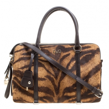 Pre Owned D&G Brown Animal Print Pony Hair and Leather Triple Zipper Top Handle Shoulder Bag