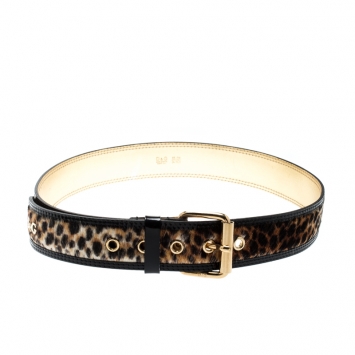 Pre Owned D&G Beige/Gold Leopard Print Calfhair and Leather Belt 85CM