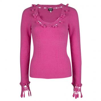 Pre Owned D&G Pink Bobble Detail Crochet Trim V-Neck Sweater S
