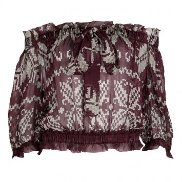 Pre Owned D&G Burgundy Printed Silk Chiffon Off Shoulder Sheer Peasant Blouse M