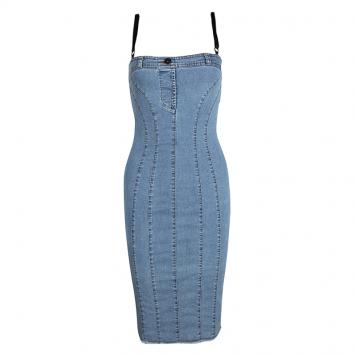 Pre Owned D&G Indigo Washed Denim Fringed Bottom Vintage Bodycon Dress S