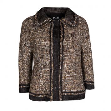 Pre Owned D&G Brown and Black Textured Button Front Collared Jacket L