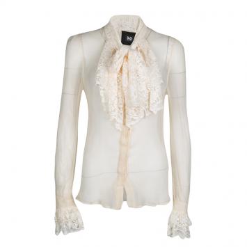 Pre Owned D&G Cream Silk Ruffled Lace Detail Long Sleeve Blouse M