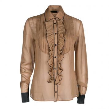 Pre Owned D&G Brown Contrast Trim Ruffle and Pintuck Yoke Detail Long Sleeve Shirt S