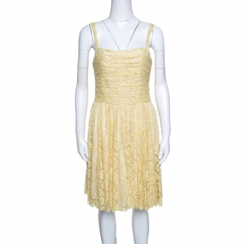 Pre Owned D&G Yellow Floral Lace Ruched Sleeveless Dress M