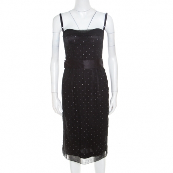 Pre Owned D&G Black Crystal Embellished Tulle Belted Bustier Dress M