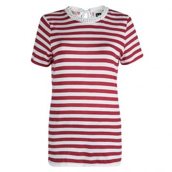 Pre Owned D&G Red and White Striped Knit Bead Detail T-Shirt L 