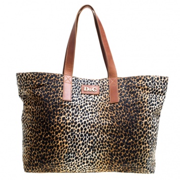 Pre Owned D&G Brown Leopard Print Canvas Shopper Tote