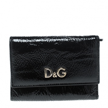 Pre Owned D&G Black Patent Leather Trifold Compact Wallet