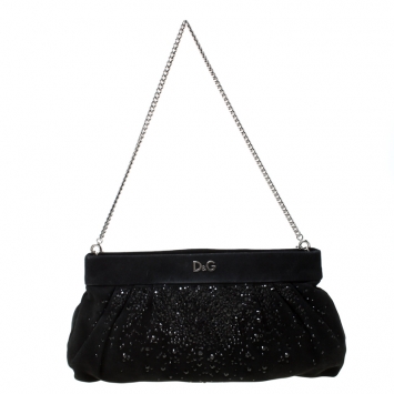 Pre Owned D&G Black Crystal Embellished Suede Chain Clutch
