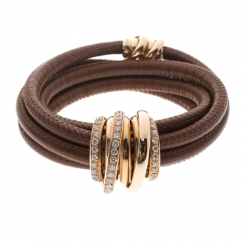 Pre Owned De Grisogono Allegra Diamond & 18k Rose Gold Brown Leather Wrap Bracelet