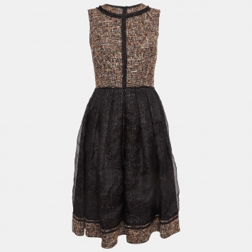 Pre Owned D&G Black and Brown Tweed Silk Overlay Flared Midi Dress M