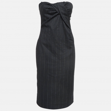 Pre Owned D&G Grey Pinstripe Gabardine Draped Detail Strapless Mini Dress M