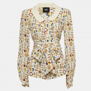 Pre Owned D&G Off-White Printed Silk Buttoned Front Top M
