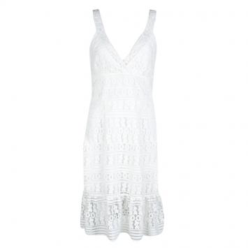 Pre Owned Diane Von Furstenberg White Guipure Lace Sleeveless Tiana Flounce Dress M