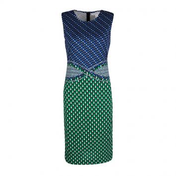 Pre Owned Diane Von Furstenberg Green and Blue Dot Printed Silk Jersey Evita Shift Dress M