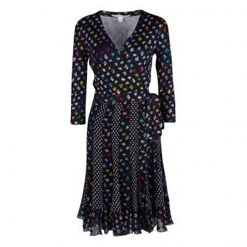 Pre Owned Diane Von Furstenberg Floral and Dot Print Paneled Caprice Wrap Dress S