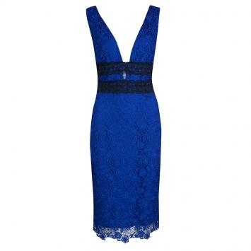 Pre Owned Diane Von Furstenberg Deep Night Blue Lace Plunge Neck Long Sleeve Viera Dress M