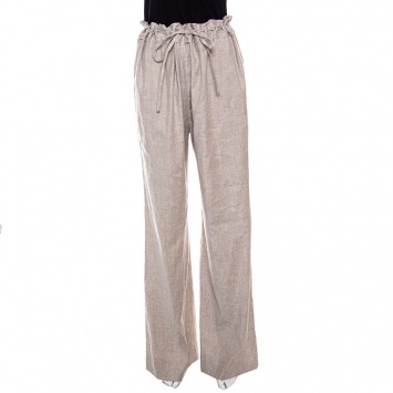 Pre Owned Diane Von Furstenberg Beige Linen Wide Leg Belted Davin Trousers L