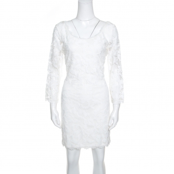 Pre Owned Diane Von Furstenberg White Lace Zarita Scoop Dress L