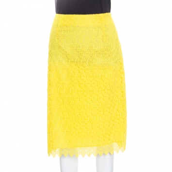 Pre Owned Diane Von Furstenberg Yellow Lace Pencil Skirt M