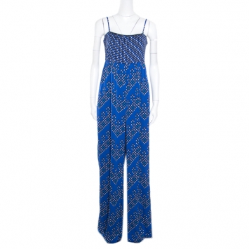 Pre Owned Diane Von Furstenberg Blue Chevron Dots Printed Silk Sleeveless Ivena Jumpsuit L