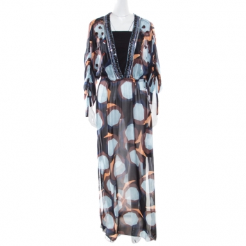 مملوكة مسبقًا Diane Von Furstenberg Multicolor Printed Silk Sequin Embellished Melli Cover Up Dress L