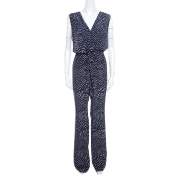 Pre Owned Diane Von Furstenberg Navy Blue and White Dotted Silk Belted Eva Jumpsuit XL