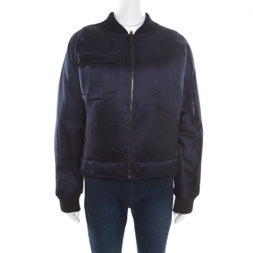 Pre Owned Diane Von Furstenberg Navy Blue Satin Alexander Bomber Jacket M