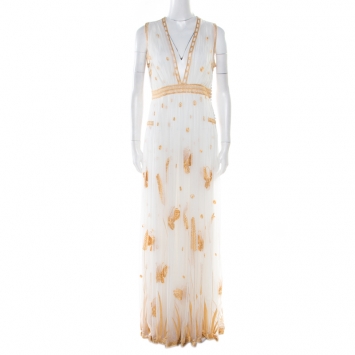 Pre Owned Diane Von Furstenberg Ivory and Gold Embroidered Tulle Plunge Neck Vivanette Goddess Gown M