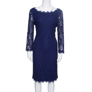 Pre Owned Diane Von Furstenberg Navy Blue Zarita Lace Dress M