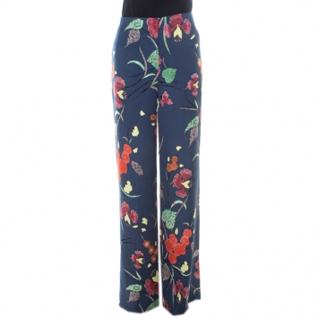 Pre Owned Diane von Furstenberg Indigo Blue Floral Print Silk Wide Leg Trousers S