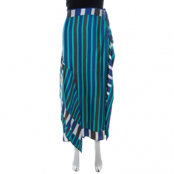 Pre Owned Diane Von Furstenberg Blue Striped Silk Asymmetric Saxon Skirt S