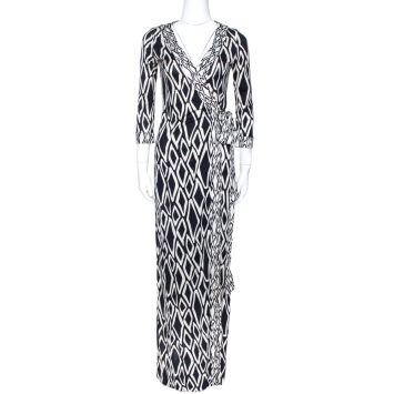 Pre Owned Diane von Furstenberg Monochrome Printed Silk Banded Julian Long Wrap Dress S