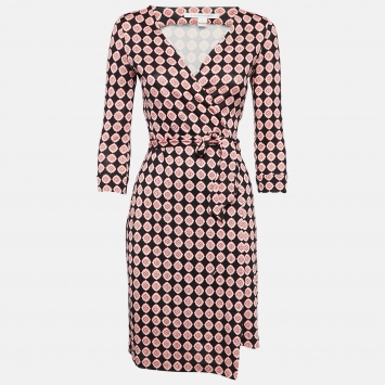 Pre Owned Diane Von Furstenberg Red Printed Jersey New Julian Wrap Dress S