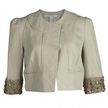Pre Owned Diane Von Furstenberg Beige Embellished Cuff Front Open Cropped Remo Jacket L
