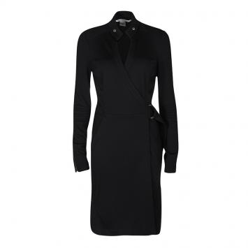Pre Owned Diane Von Furstenberg Black Wool Belted Biker Wrap Dress L
