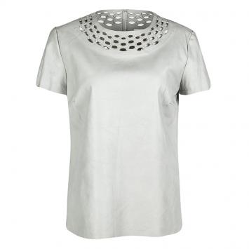 مملوكة مسبقًا Diane Von Furstenberg Grey Cutout Leather Short Sleeve Yvanna Top M