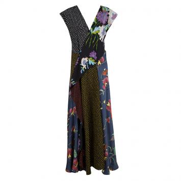 Pre Owned Diane Von Furstenberg Floral and Polka Dot Print Draped Silk Maxi Dress L