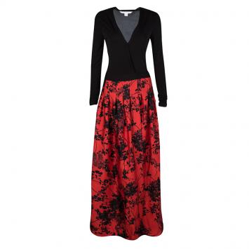 Pre Owned Diane Von Furstenberg Black and Red Floral Print Kailey Wrap Maxi Dress S