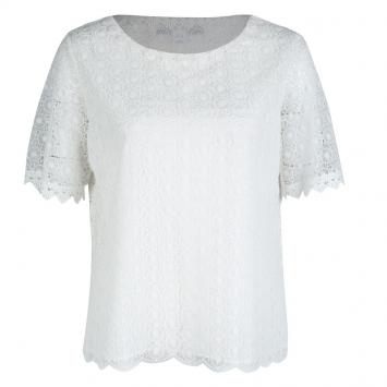 Pre Owned Diane Von Furstenberg White Lace Brylee Scalloped Top and Belita Skirt Set S