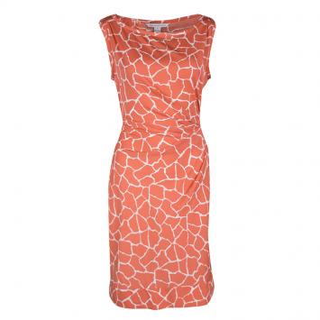 Pre Owned Diane Von Furstenberg Orange and White Printed New Della Dress M