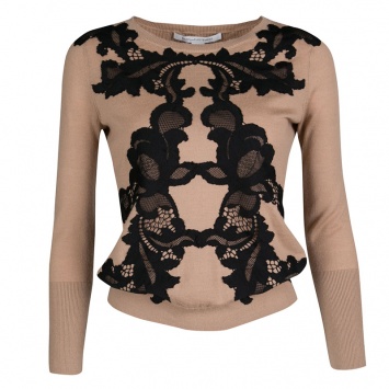Pre Owned Diane Von Furstenberg Brown Contrast Floral Lace Applique Detail Ribbed Trim Shara Sweater S