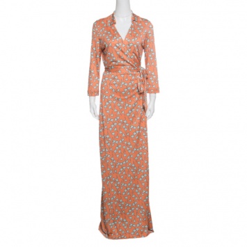 Pre Owned Diane Von Furstenberg Peach Floral Printed Silk Jersey Abigail Maxi Wrap Dress L