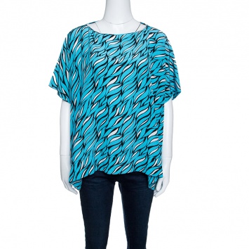 مملوكة مسبقًا Diane Von Furstenberg Blue Printed Silk New Hanky Top S