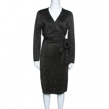 Pre Owned Diane Von Furstenberg Black Lurex Knit Long Sleeve Wrap Dress L