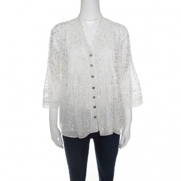 Pre Owned Diane Von Furstenberg Off White Flutter Foil Ruffled Trim Layla Silk Blouse S