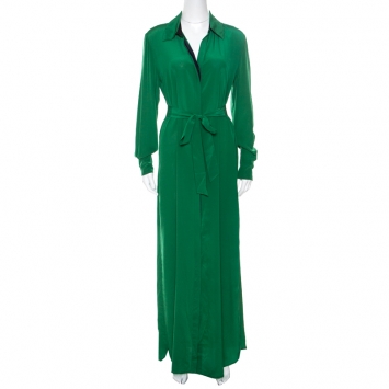 Pre Owned Diane Von Furstenberg Green Silk Belted Long Sleeve Shirt Dress S